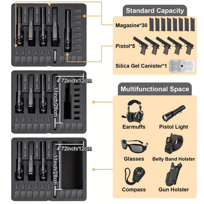 Hard Pistol Case Holds 5 Handguns & 30 Magazines – Lockable Travel Gun Case with Pre-Cut Foam, Silica Gel Canister, ABS Hard Shell