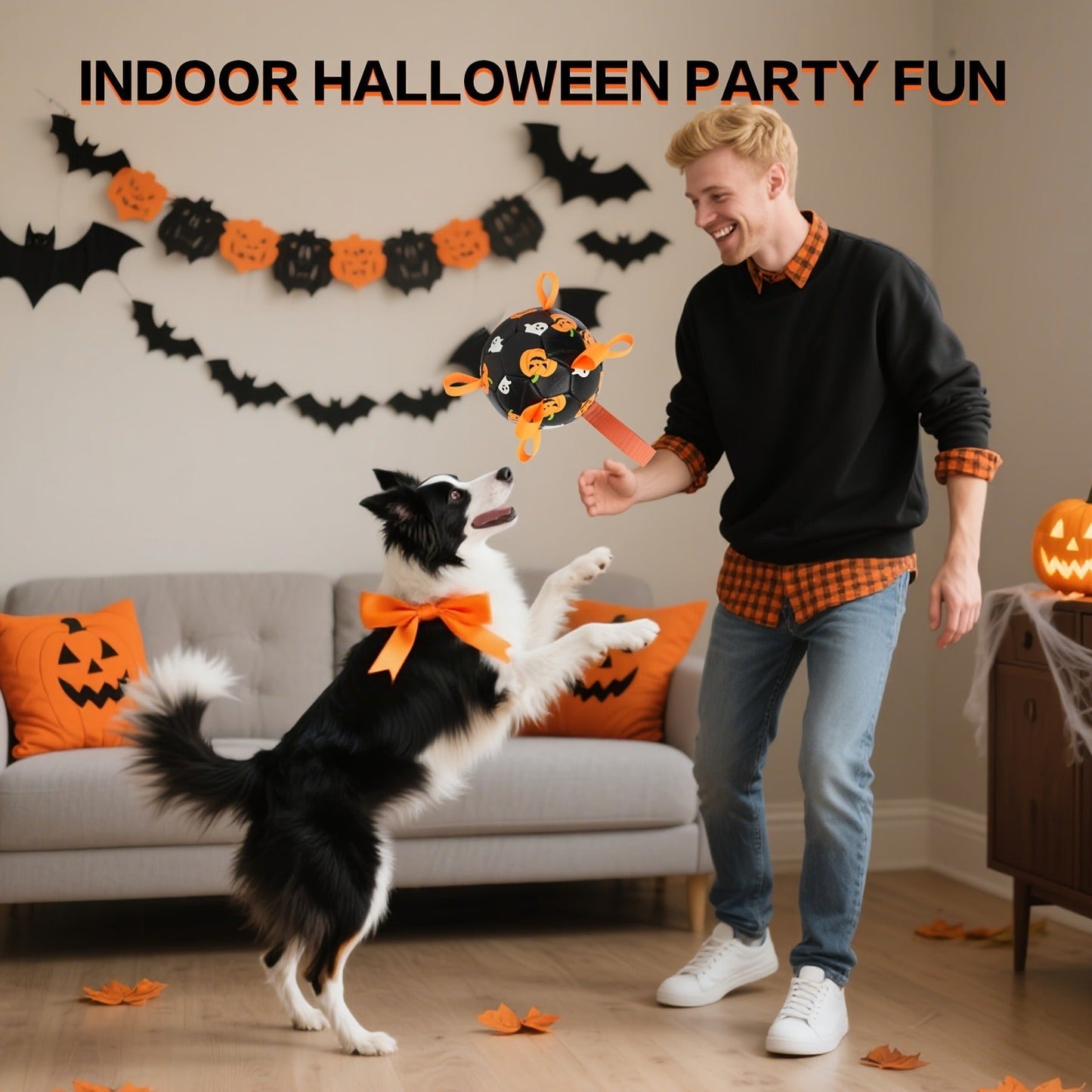 Dog Toy Halloween Pumpkin-Ghost Football with Pump, Strap and 6 or 7.28-Inch Size Options for Dogs