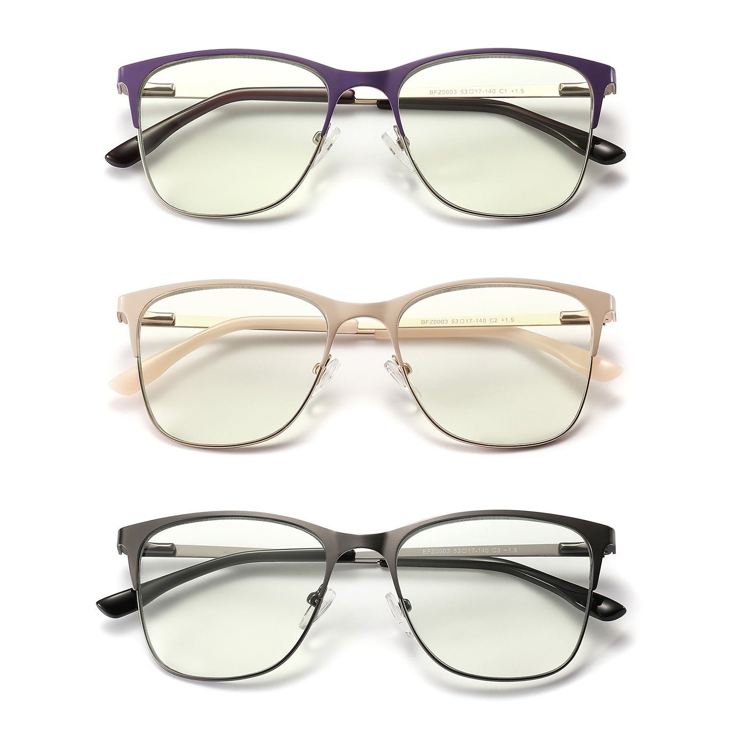 Reading Glasses – Three-Pair Rectangular Metal Readers with Polycarbonate Lenses with Multiple Strength and Color Options