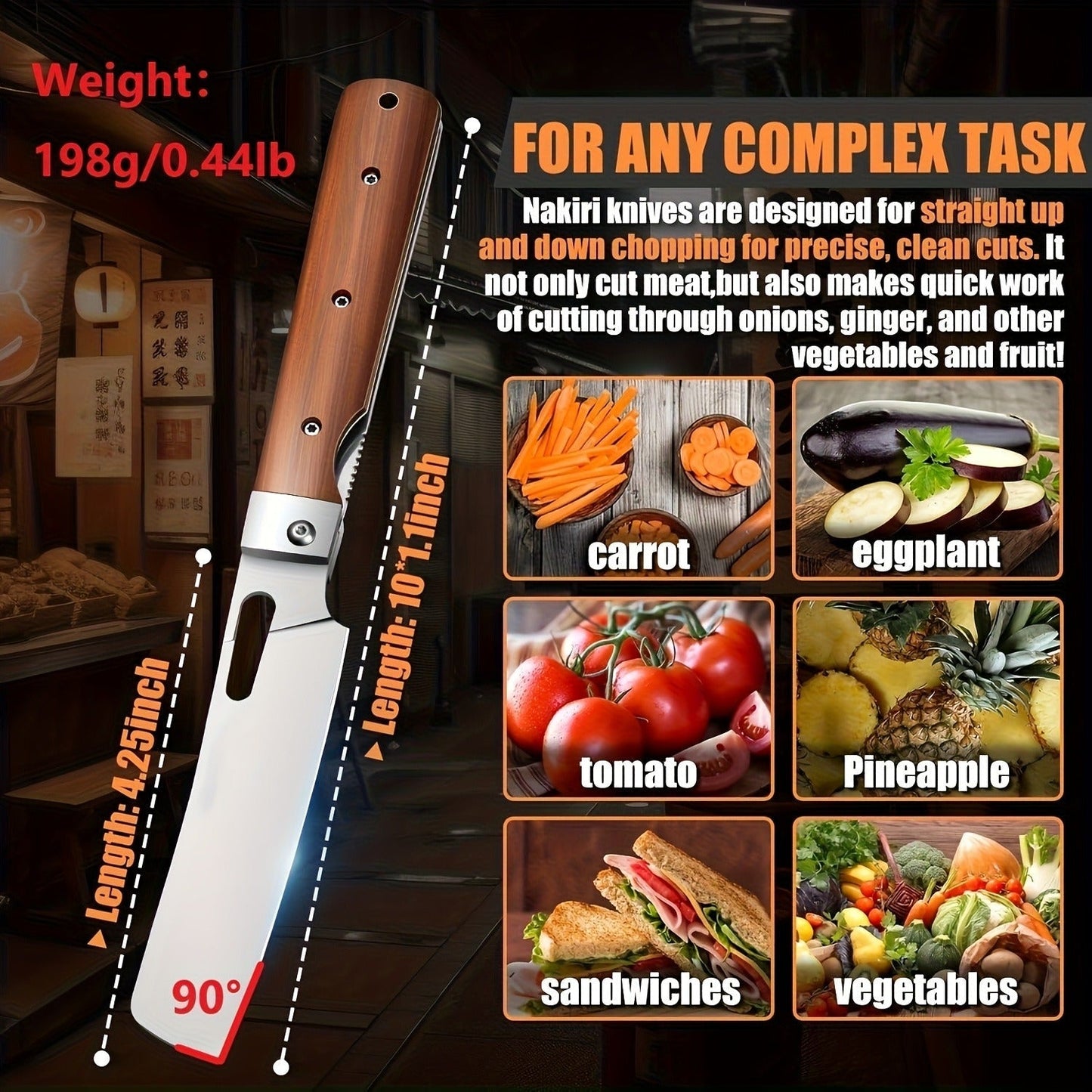 Folding Nakiri Kitchen Knife with 440C Stainless Steel Label, Wood-Look Handle, Drawstring Pouch and Box