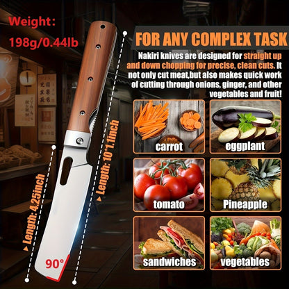 Folding Nakiri Kitchen Knife with 440C Stainless Steel Label, Wood-Look Handle, Drawstring Pouch and Box
