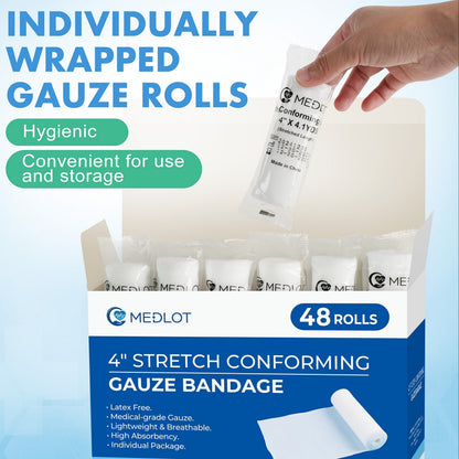 Stretch Conforming Gauze Roll Box with 48 Individually Wrapped 4-Inch by 4.5-Yard White Bandages