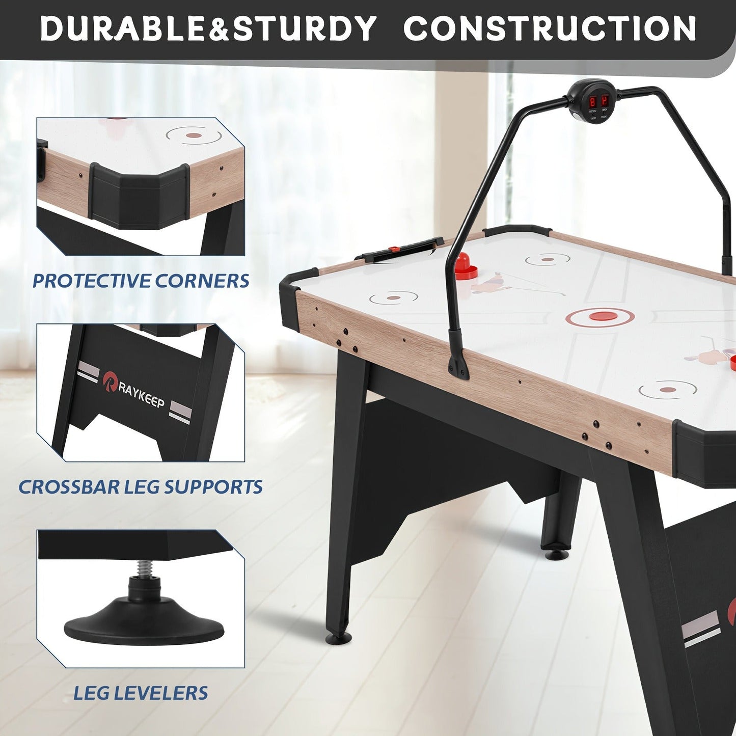 54 Inch Air Hockey Table with LED Scorer – Indoor Arcade Hockey Game Set with 2 Pucks & 2 Pushers, Portable Sports Gaming Table for Game