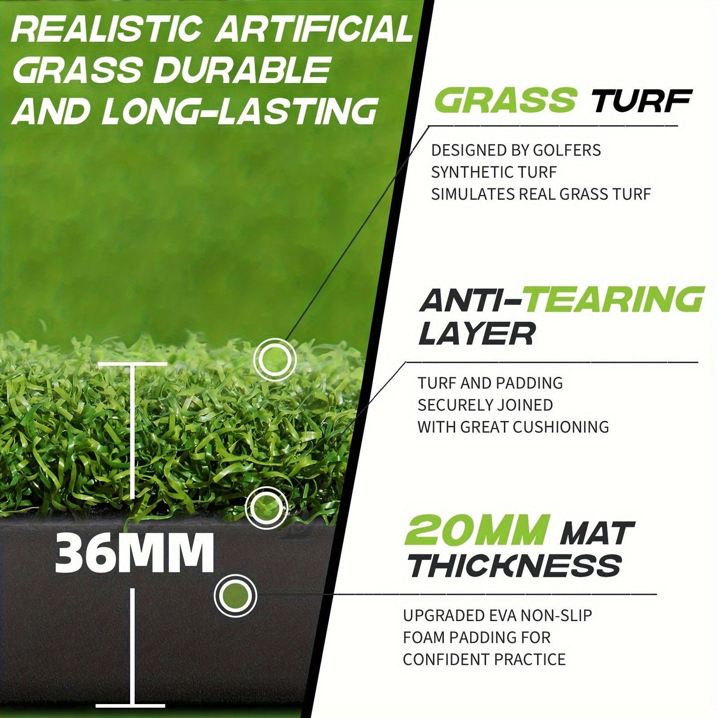 Golf Hitting Mat with Artificial Turf & Non-Slip EVA Base, Indoor Outdoor Golf Practice Mat Set with 9 Golf Balls 8 Tees & Rubber Tee