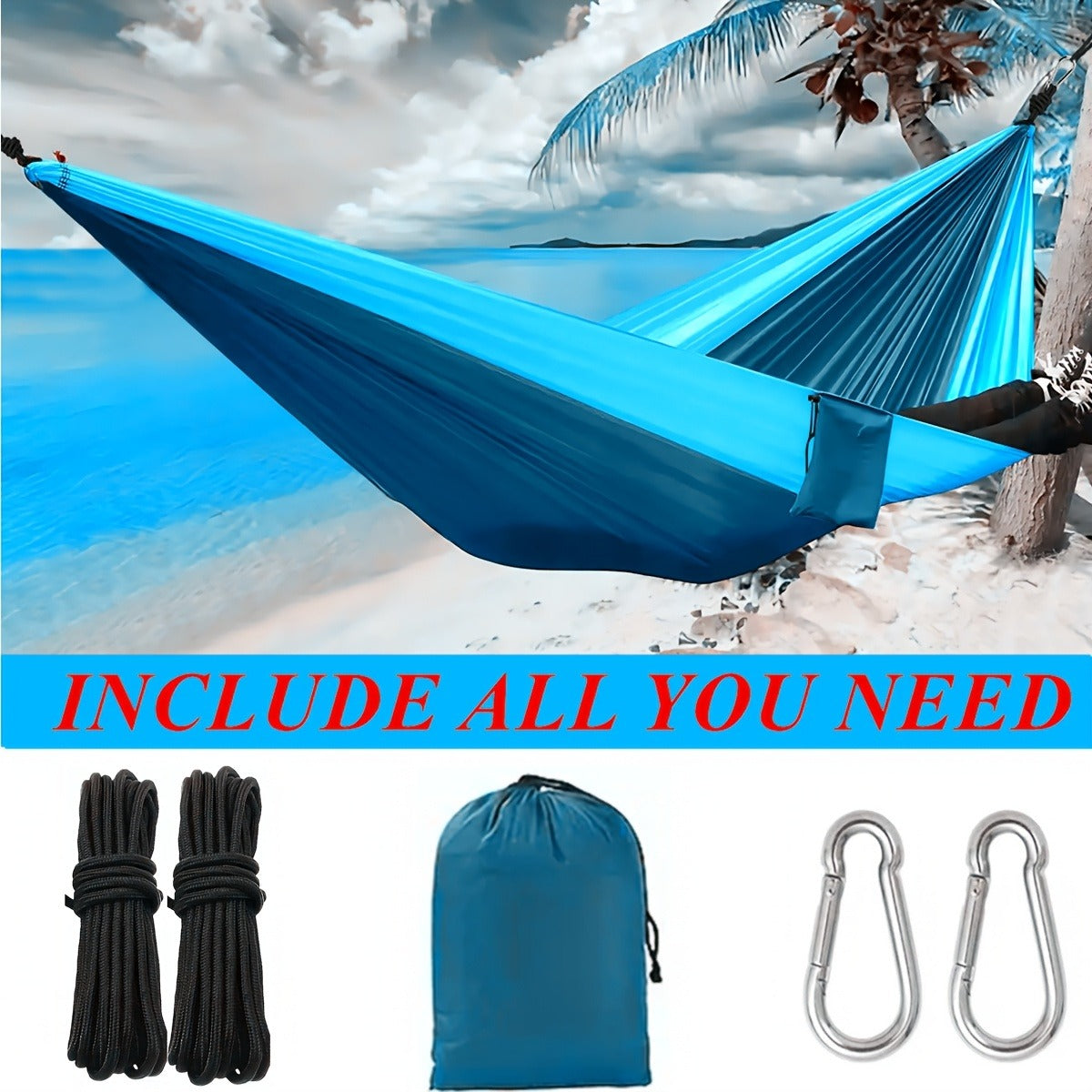 Green Lightweight Camping Hammock with 87 x 35-Inch Nylon Bed, Two Hooks, Suspension Ropes and Carry Bag