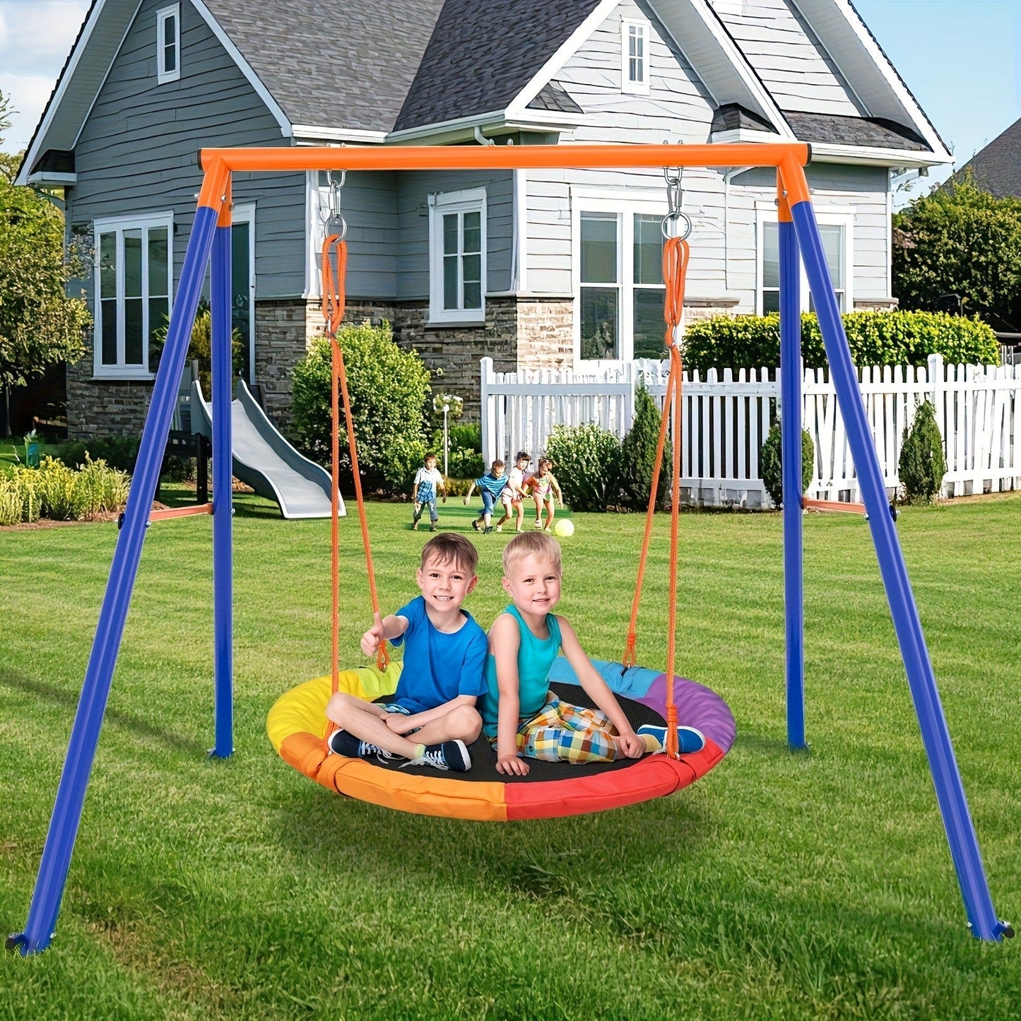 Outdoor Swing Set for Kids 3-in-1 Metal A-Frame 550 lbs Disc Saucer Swing Backyard Playground