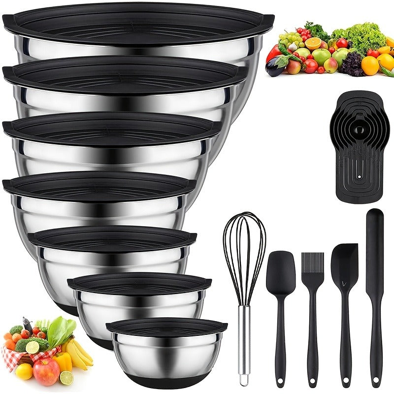 Stainless Steel Mixing Bowls Set with Airtight Lids 7 Piece, Stackable Nesting Bowls with Measuring Spoons Whisk Spatula Tongs Basting
