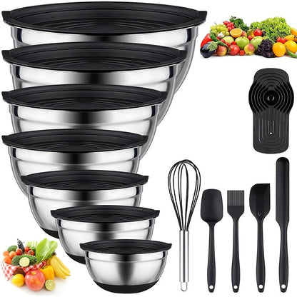 Stainless Steel Mixing Bowls Set with Airtight Lids 7 Piece, Stackable Nesting Bowls with Measuring Spoons Whisk Spatula Tongs Basting