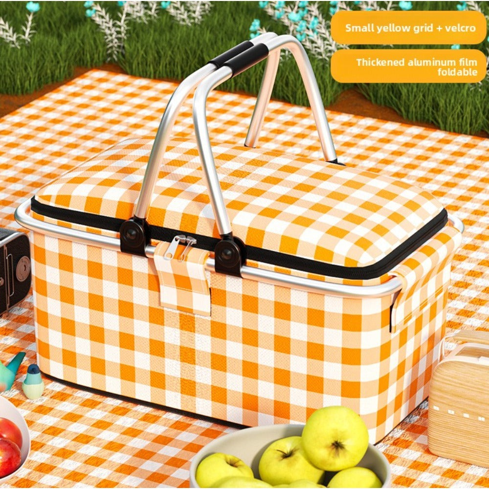 Insulated Picnic Box with Aluminum Frame – Collapsible Thermal Camping Storage Basket for Outdoor Picnic, BBQ