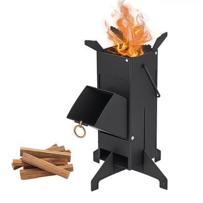 Black Rocket Stove with Detachable Side Feed Door, Four-Leg Base and Wood or Charcoal Fuel Configuration