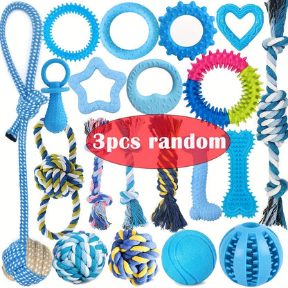 Dog Toy Assorted Puppy Bundle with Random Chew, Rope, Treat Ball and Squeaky Mix in 3 or 12 Pieces