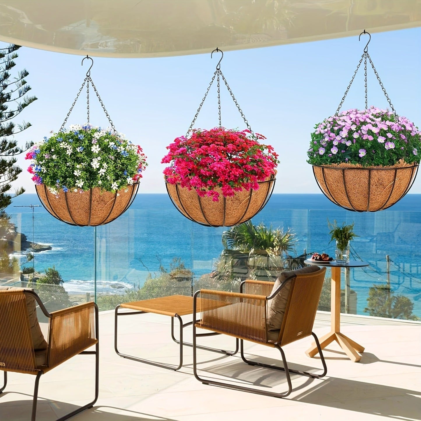 Hanging Flower Basket Set of 3 – Rust-Proof Metal Chain, 10 Inch Coco Liner, Indoor Outdoor Porch Balcony Garden Planter