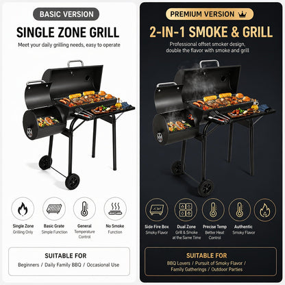 Barrel Charcoal Grill with Offset Smoker, Wheeled Cart, Side Firebox and Two Black Configuration Options