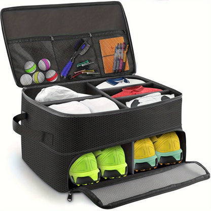 Golf Organizer Storage Box with Compartments and Mesh Pockets Durable Golf Accessory Case for Golf Balls Shoes Gloves Tees and Essentials
