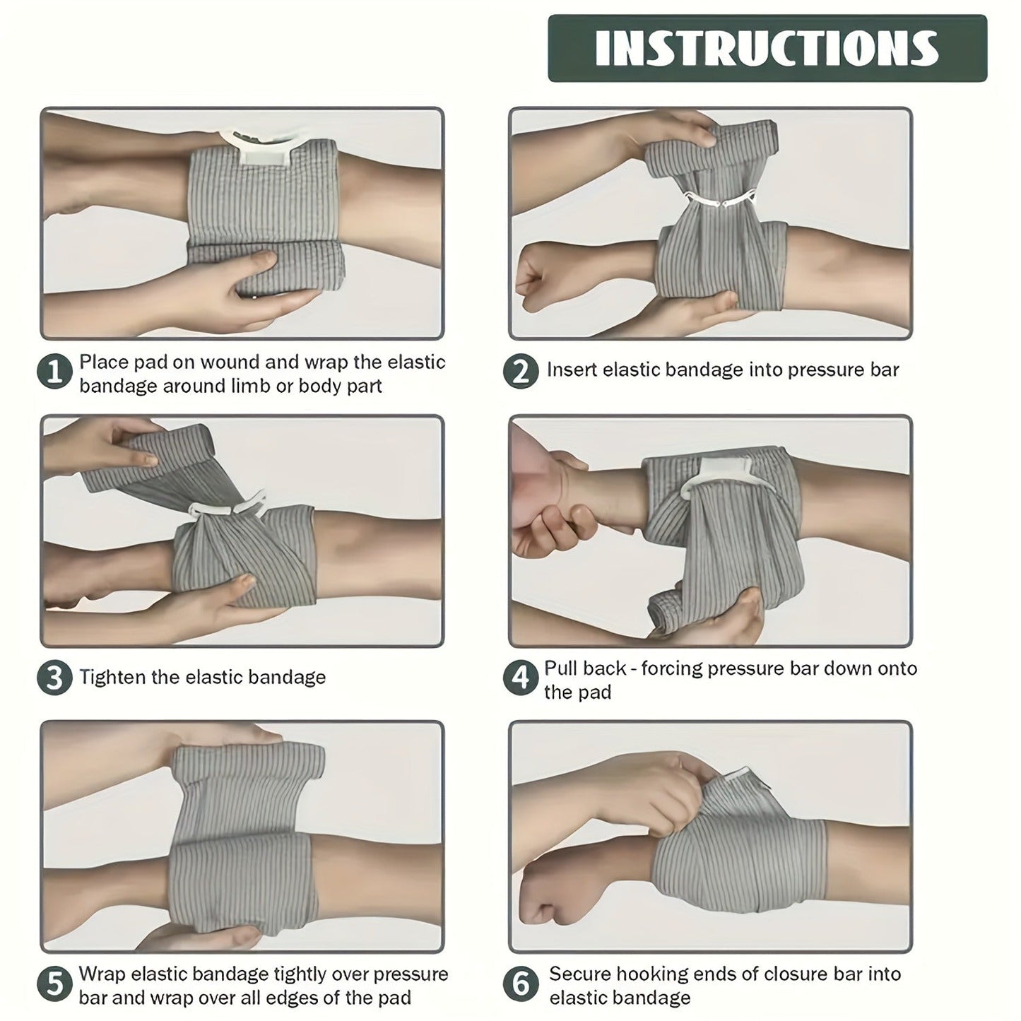 Emergency Pressure Bandage Six-Pack with 4-Inch Elastic Wraps, Absorbent Pads and Closure Bars