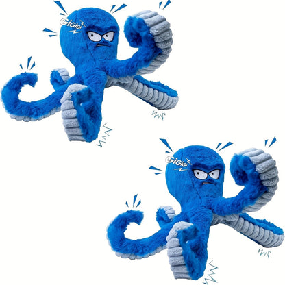 Dog Toy Octopus Plush with Built-In Squeaker and Crinkle Texture in Blue or Yellow with 1, 2 or 4-Pack Options
