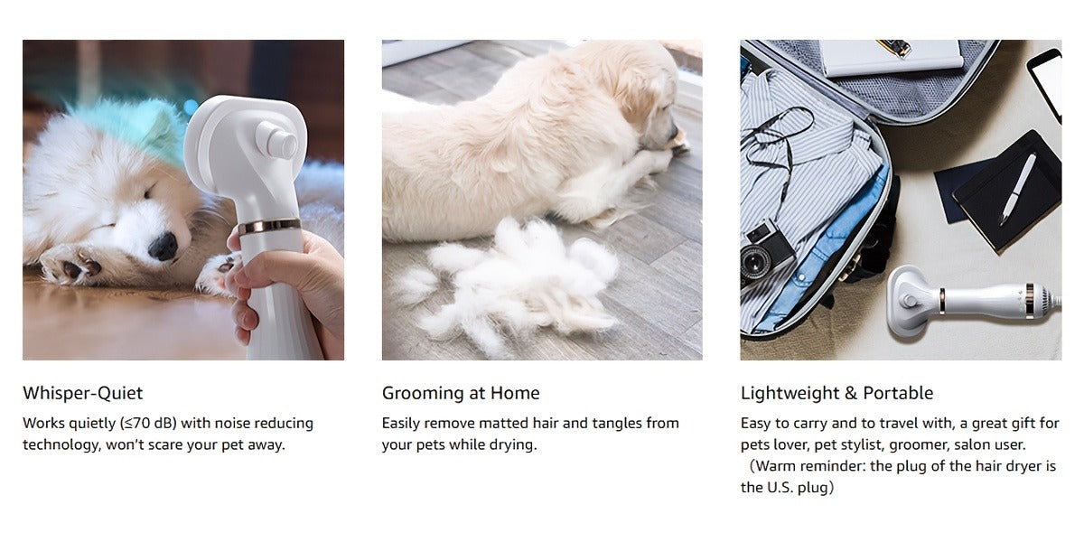 Pet Hair Dryer 2-in-1 with Self-Cleaning Slicker Brush – Portable Dog Blow Dryer for Dogs & Cats, 3 Temperature Settings, Low Noise