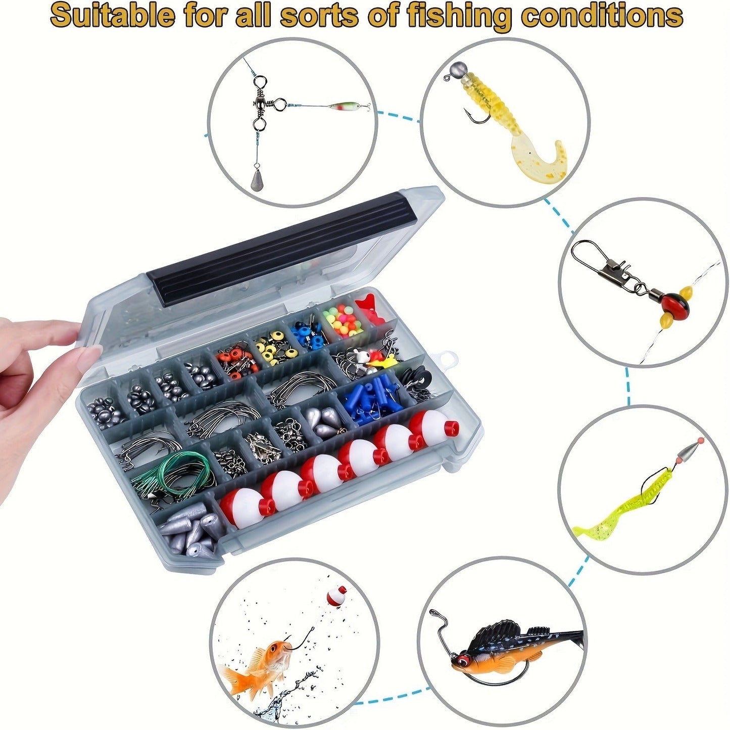 Fishing Accessories Kit 228 Piece Complete Fishing Set with Tackle Box Hooks Sinkers Swivels Lures Essential Gear for Freshwater Saltwater