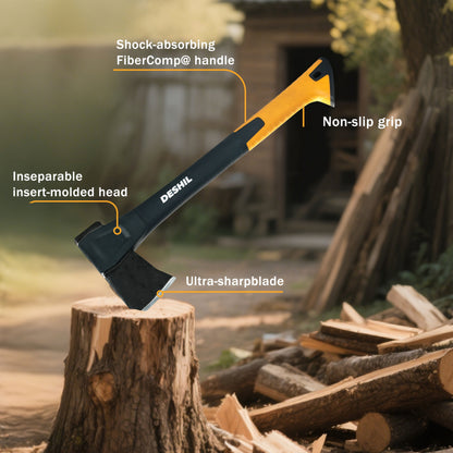Carbon Steel Camping Hatchet Wood Splitting Axe – Teflon-Coated Forged Steel Blade, Shock-Absorbing Fiber Handle, Anti-Rust & Non-Slip