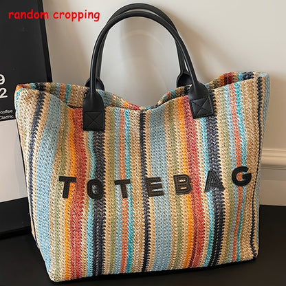 Straw Tote Bag for Women Large Capacity Bohemian Hand-Woven Striped Beach Bag Summer Vacation Shoulder Bag Colorful Letter Pattern