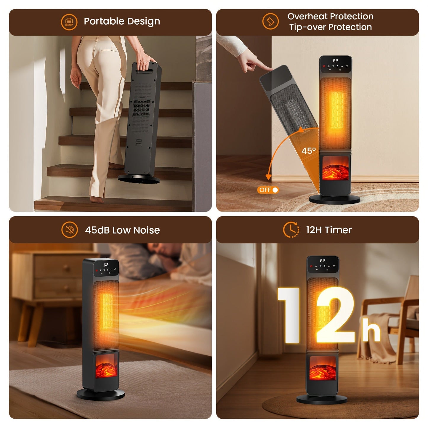 Electric Fireplace Space Heater 1500W, Portable Indoor Heater with 3D Flame Effect, 12H Timer, Heating & Fan Modes for Home & Office