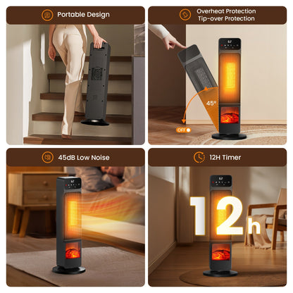 Electric Fireplace Space Heater 1500W, Portable Indoor Heater with 3D Flame Effect, 12H Timer, Heating & Fan Modes for Home & Office