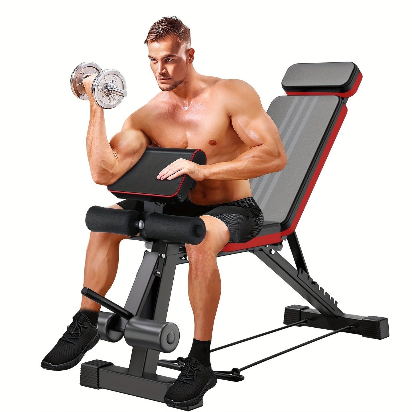 Foldable Adjustable Workout Bench with Black-and-Red Padding, Preacher Curl Pad, Leg Rollers and Resistance Bands