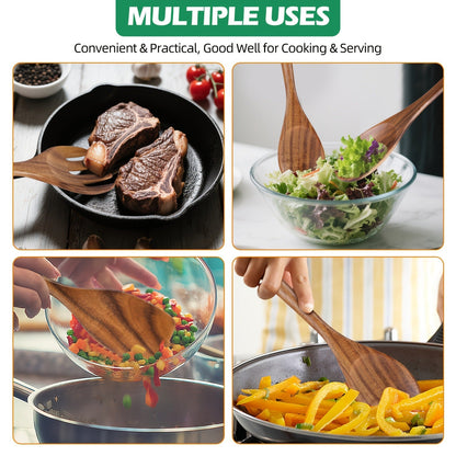 Wooden Cooking Utensils Set 6 Piece – Teak Wood Non-Stick Kitchen Tools with Comfortable Grip | Sturdy, Lightweight & Heat-Resistant