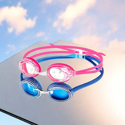 Blue and Pink Swimming Goggles with Rounded Lens Frames, Dual Split Head Straps and One Indoor Style Option