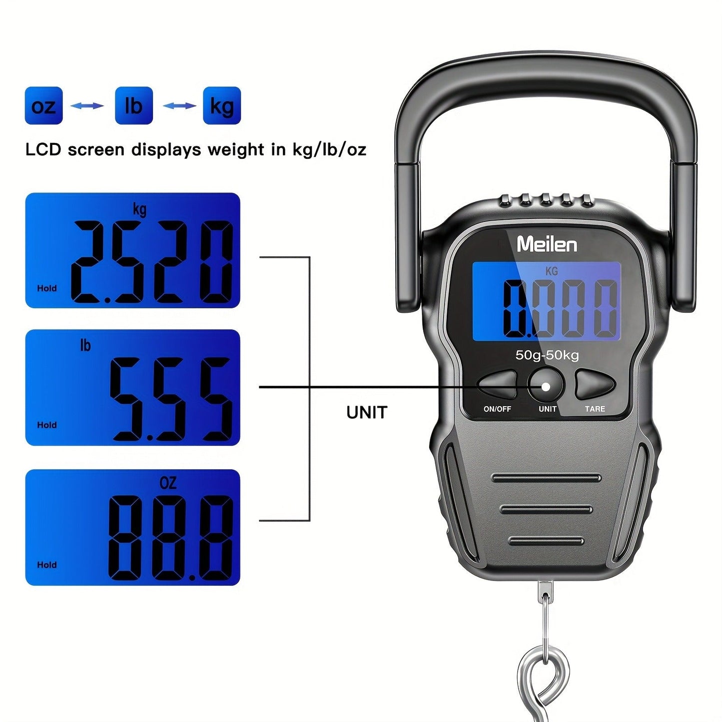 Digital Fishing Scale 50kg 110lb Portable Handheld Fish Scale with LCD Backlight & Built-in Measuring Tape