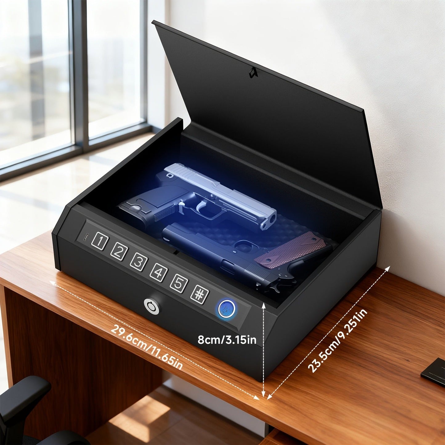 Biometric Gun Safe Fingerprint Digital PIN & Key Unlock 3-Way Access Internal Light Silent Mode Emergency Power Supply Gun Lock Box for Home