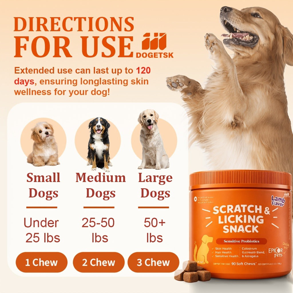 Dog Omega 3 Skin & Coat Chews 90ct – Lamb Flavor Soft Pellets with Probiotics for Itching, Scratching & Licking Relief