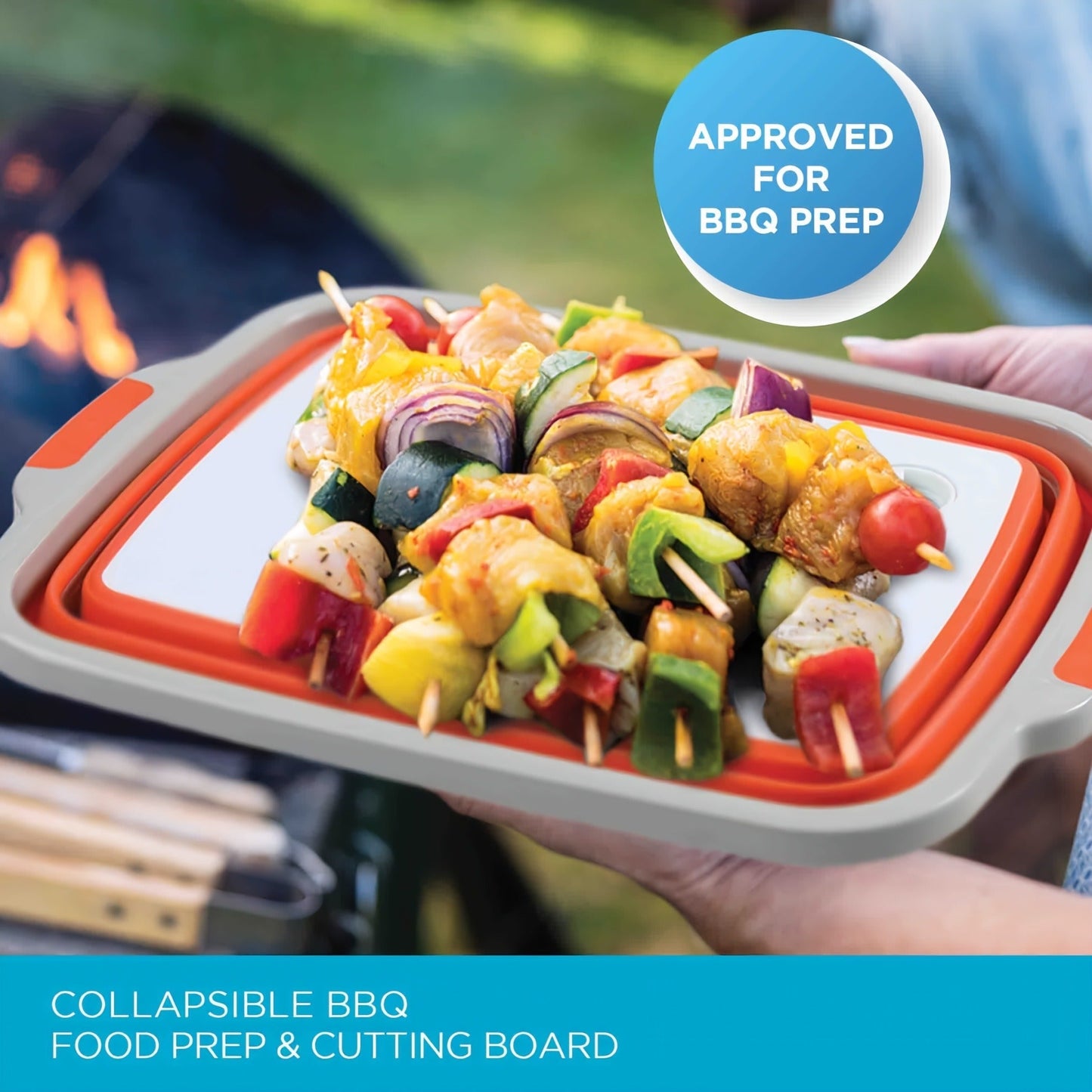 Collapsible BBQ Prep Caddy with Cutting Board & Lid – 3-in-1 Foldable Grill Preparation Tub, Food-Safe Plastic