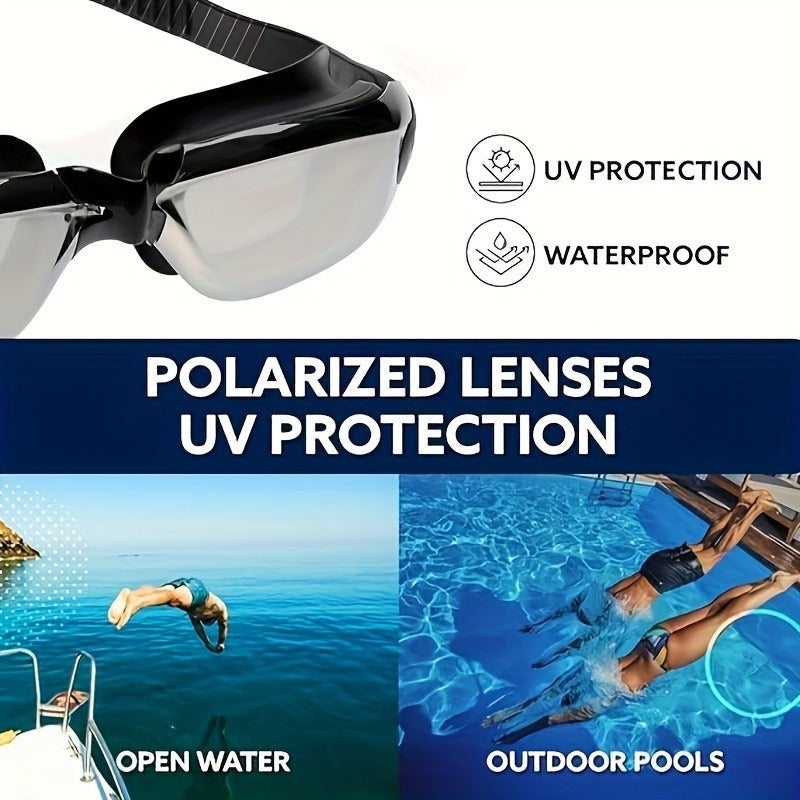 Anti-Fog Racing Swim Goggles Set 6-in-1 – HD UV Protection Silver Coated PC Lens, Waterproof PU Swim Cap, Nose Clip, Earplugs