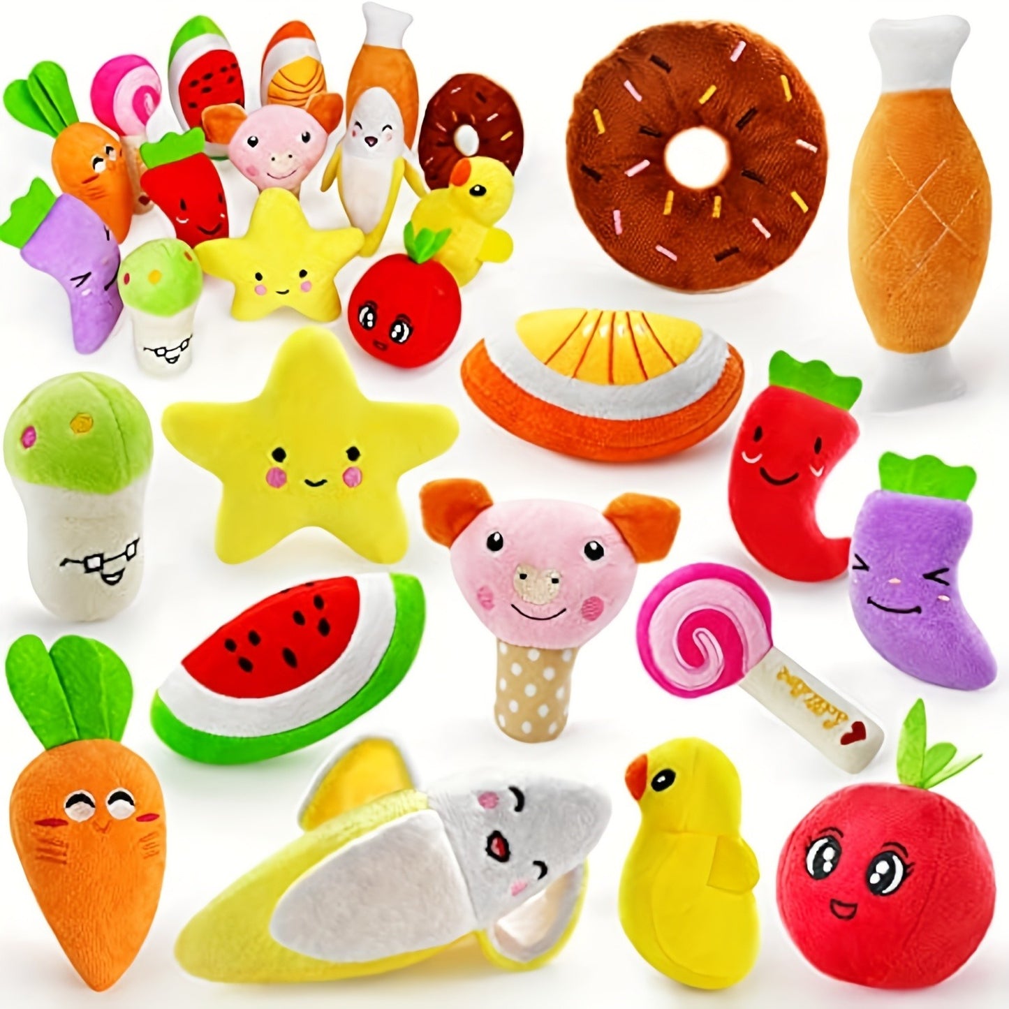 Squeaky Dog Toys 14 Pack Stuffed Plush Fruits Vegetables Set Crinkle Chew Toys for Puppies Small Medium Dogs Teething Safe Non-Toxic Machine