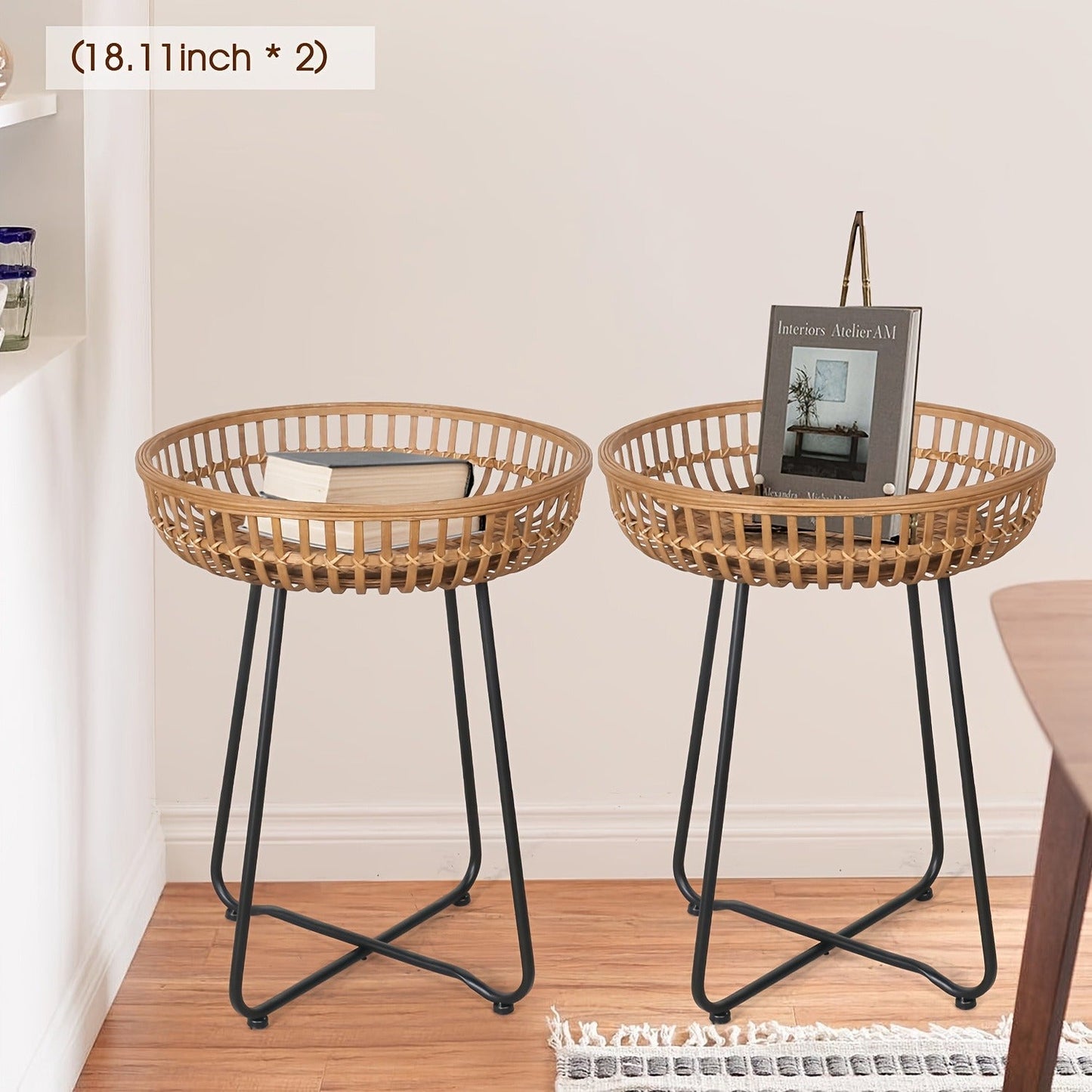 Side Table Rattan Collection with Bamboo-Woven Tops, Metal Bases and 18- or 20.4-Inch Options