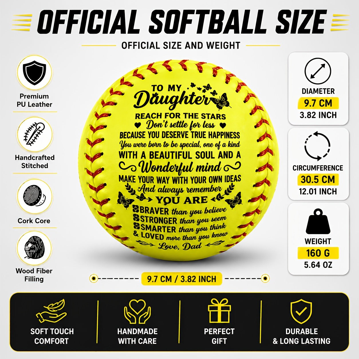 Personalized Softball Gift for Daughter – "To My Daughter" Inspirational Message Ball, International Standard Fastpitch Softball
