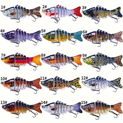 Fishing Lure Set 15-Piece Multi-Jointed Swimbaits with Segmented Bodies, Two Treble Hooks and Fifteen Fish Patterns