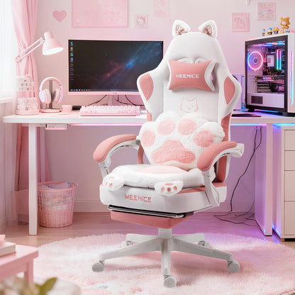 Cat Ear Gaming Chair Ergonomic Reclining Computer Chair with Footrest Paw Lumbar Cushion Wingback PC Game Chair for Girls Adults 300LBS Pink