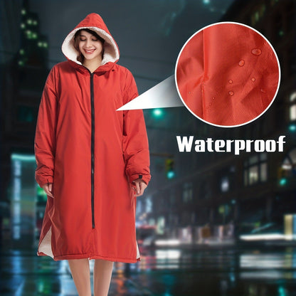 Changing Robe Fleece Lined Hooded – Long Sleeve Windproof Warm Surf Poncho for Swimming, Surfing, Diving, Camping & Hiking – 43.3x31.5in