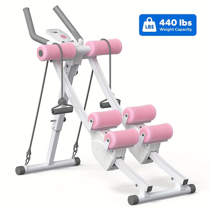 Ab Machine Adjustable Dual-Track Core Trainer with LCD Display – Foldable Ab Roller 440LB Capacity, 110° Curved Track & Knee Pad for Home