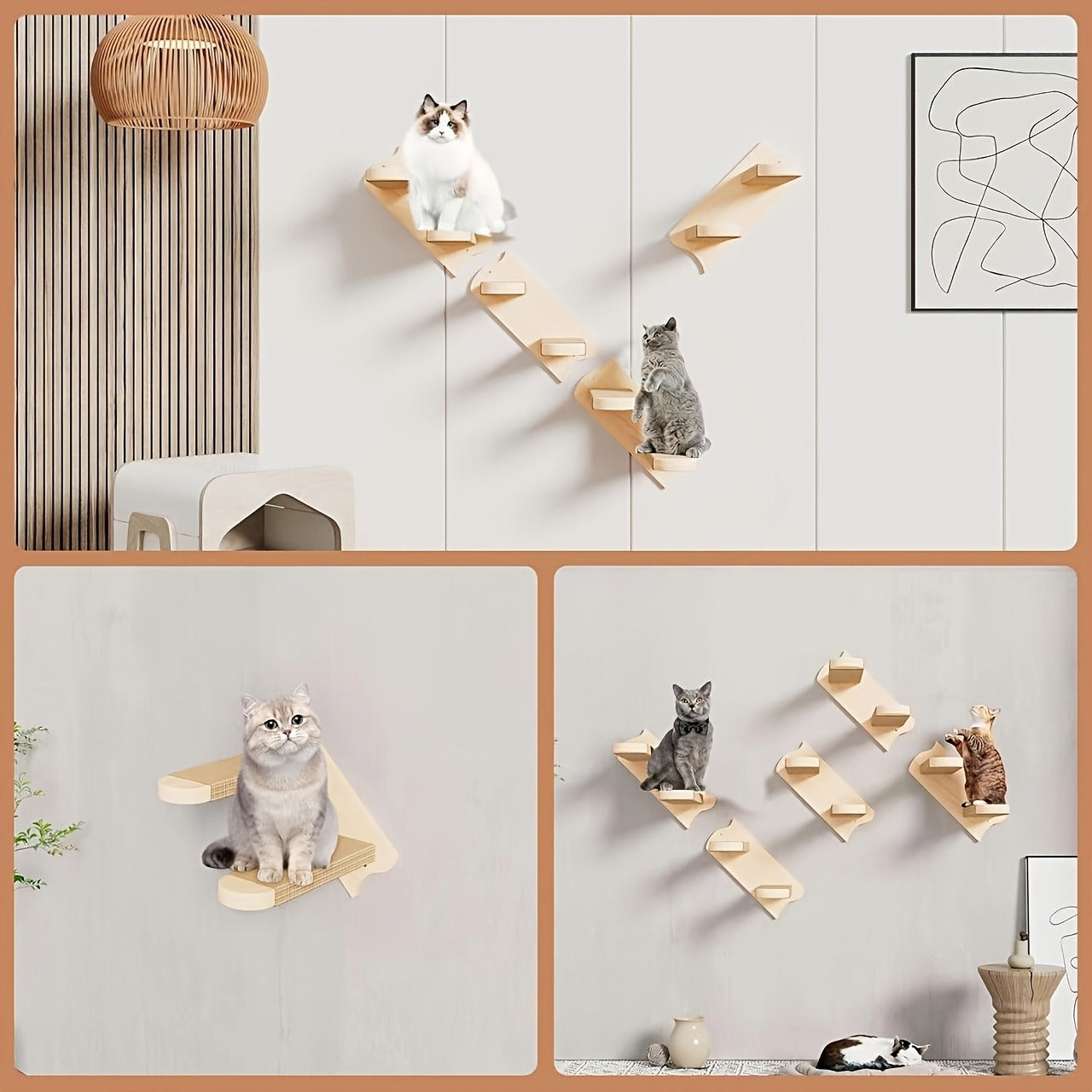 Cat Wall Furniture, Wall-Mounted Cat Climbing Frame Solid Wood Cat Stairs Ladder Perch Jumping Platform All Season Indoor Cat Wall Furniture