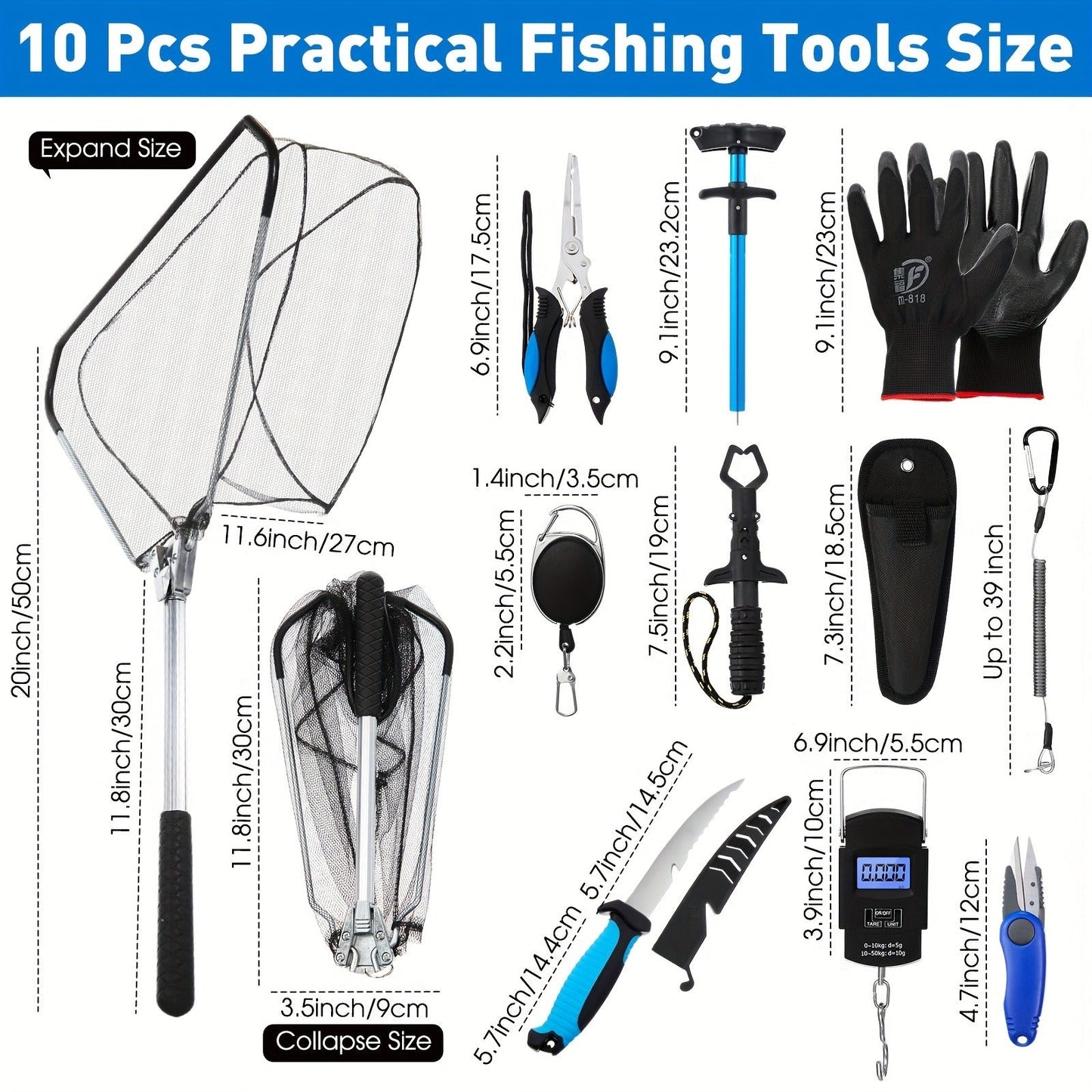 Fishing Tool Kit 10-Piece – Fishing Pliers with Lanyard & Sheath, Landing Net, Fillet Knife, Fish Scale, Gripper, Hook Remover