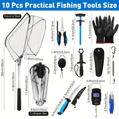 Fishing Tool Kit 10-Piece – Fishing Pliers with Lanyard & Sheath, Landing Net, Fillet Knife, Fish Scale, Gripper, Hook Remover