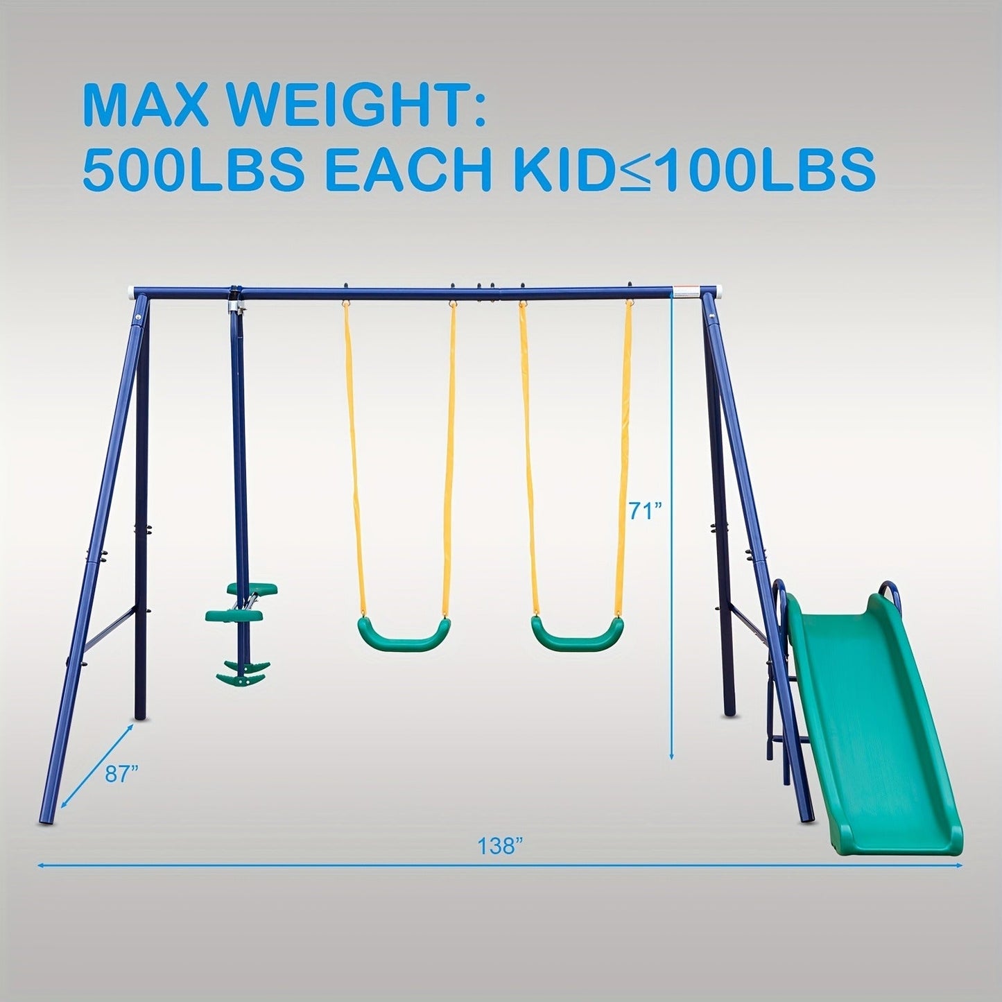Heavy Duty A-Frame Metal Swing Set for Backyard with 2 Swings Slide Glider Seesaw Disc Seat Outdoor Playset for Kids Toddlers Backyard Play