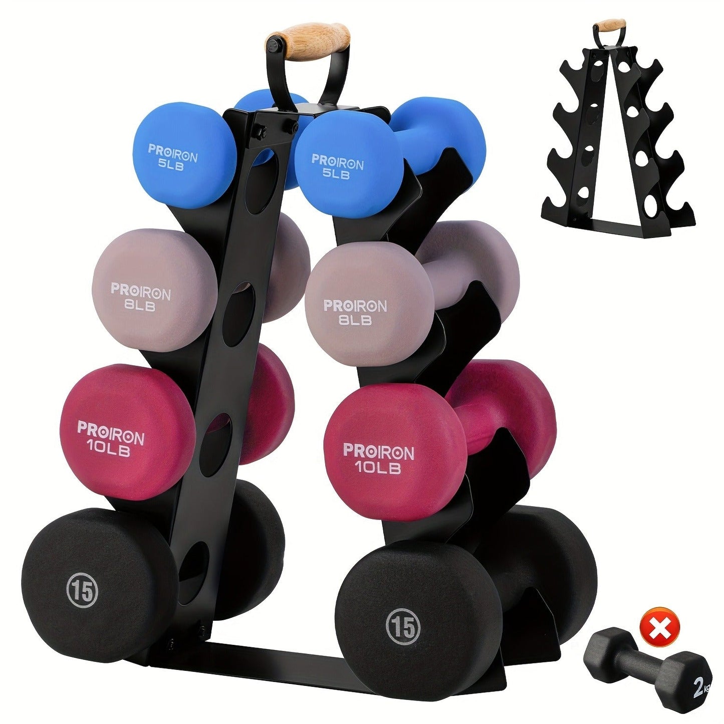 Weight Rack Stand 4-Tier A-Frame with Wooden Handle – Space-Saving Dumbbell Storage for Home Gym, Holds 5–15LB Hex & Rubber Dumbbells