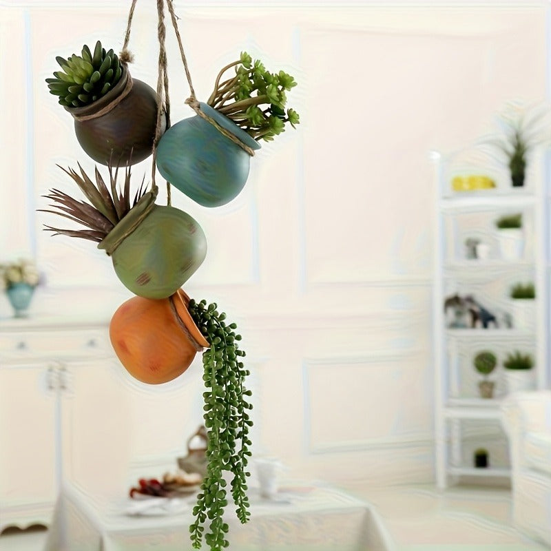 Hanging Planters Set of 4 Bohemian Geometric Porcelain Pots with Hemp Rope