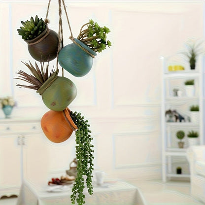 Hanging Planters Set of 4 Bohemian Geometric Porcelain Pots with Hemp Rope