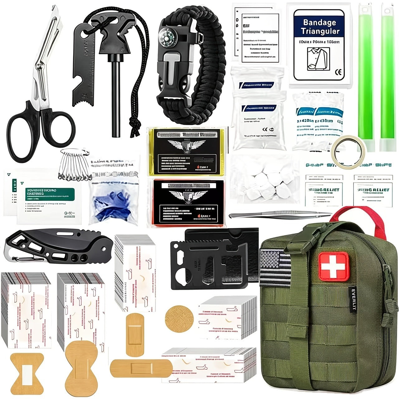 217-Piece Outdoor Tool and First Aid Supply Kit with MOLLE Bag in Nine Color-Labeled Options
