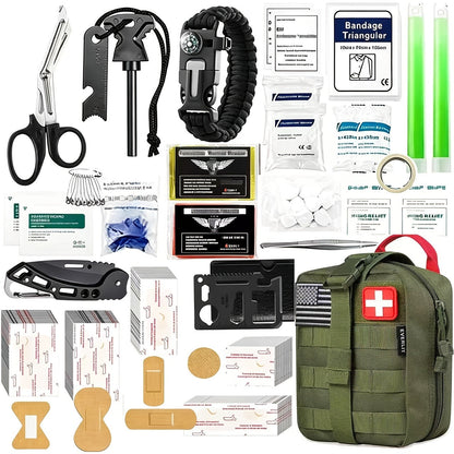 217-Piece Outdoor Tool and First Aid Supply Kit with MOLLE Bag in Nine Color-Labeled Options